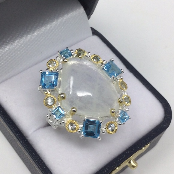 Genuine Moonstone & Emerald Cut Topaz Ring - Picture 8 of 8